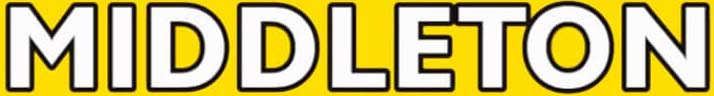Middleton Tipper logo white with black outline and on yellow background.